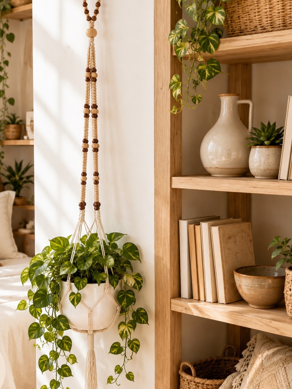 Boho Macrame Plant Hanger Wood Bead Hanging Planter Holder Natural Cotton